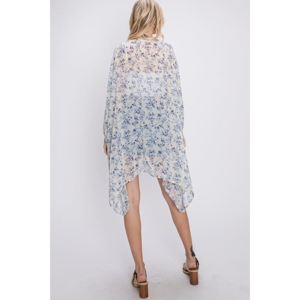 GeeGee White Blue‎ Floral Sheer Kimono Cardigan Lightweight Boho Vacation Large - Picture 4 of 10